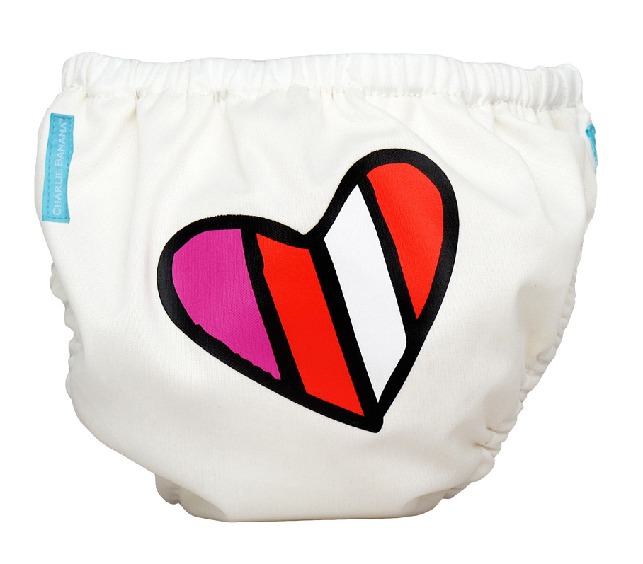 Charlie Banana 2-in-1 Zwemluier en Oefenbroekje- Red Petit Coeur on White - Maat S (5-7 kilo) 